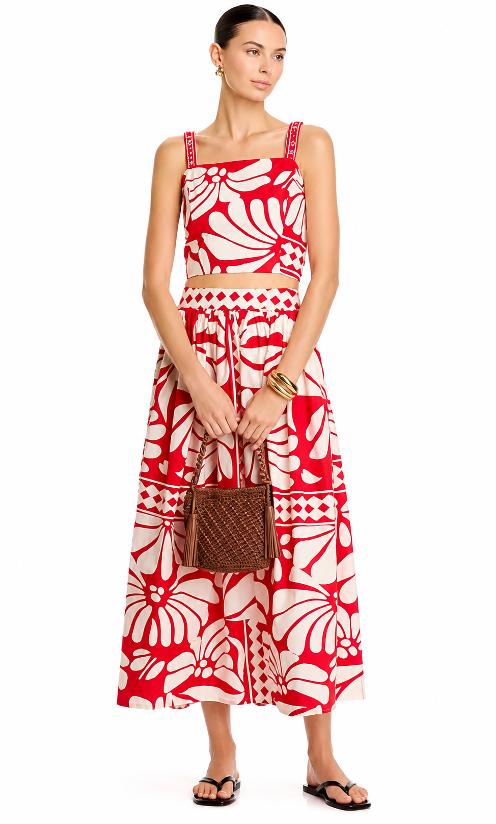 Aqua Red Patterned Skirt Set