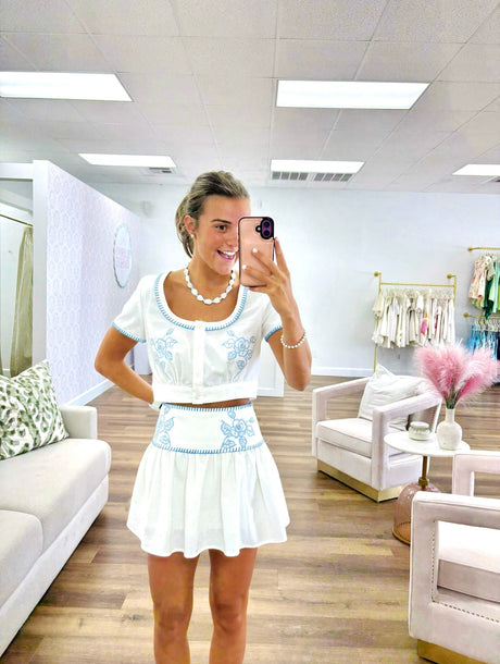 Blue Stitching Skirt Set try-on photo