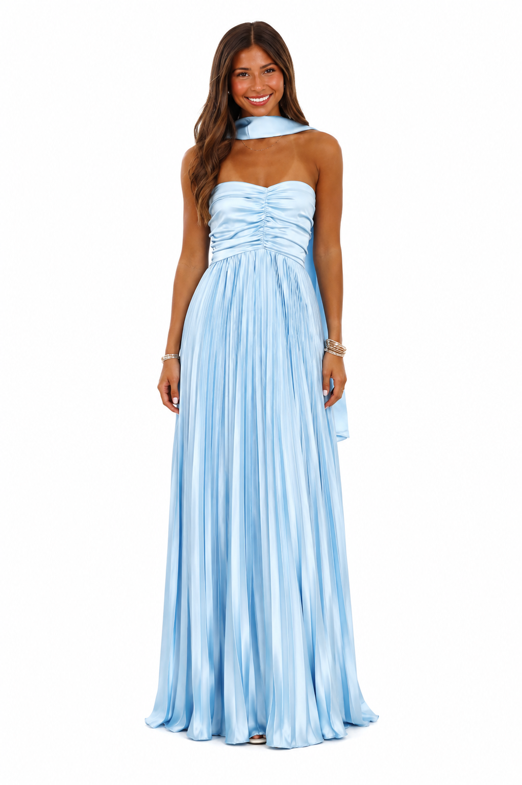 Blue Pleated Strapless Gown