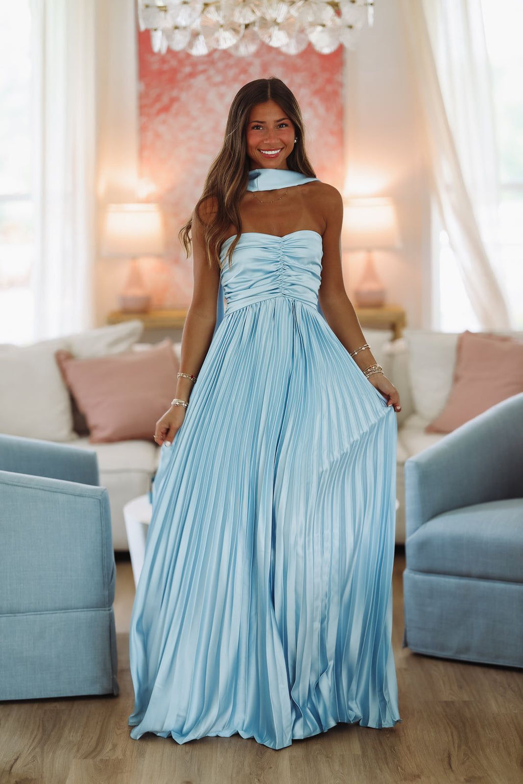 Blue Pleated Strapless Gown